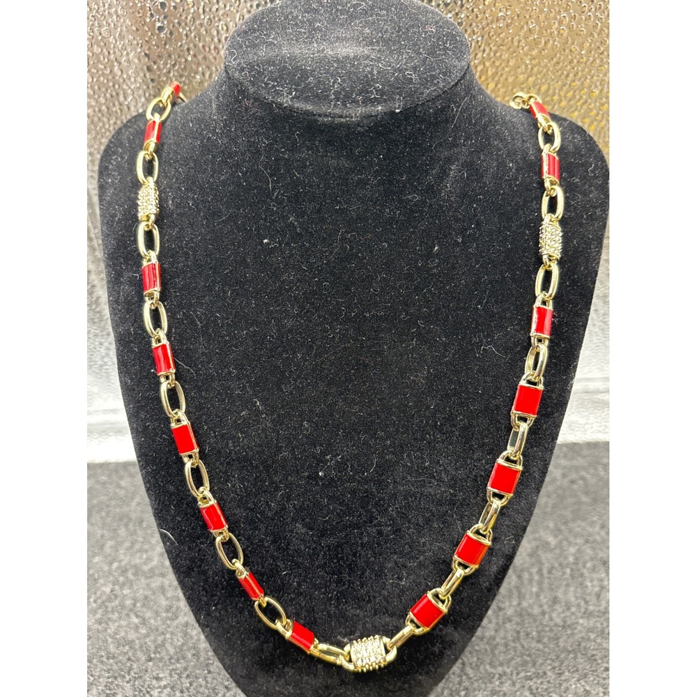 Coldwater Creek Gold Tone Red‎ Enamel Crystal Rhinestone Link Necklace 16"-17.5"